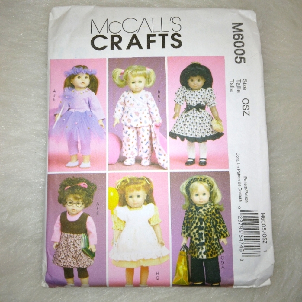 McCall's M6005 18" Doll Clothes tops, pj & sliposds, tutu, dress& Pinafo…